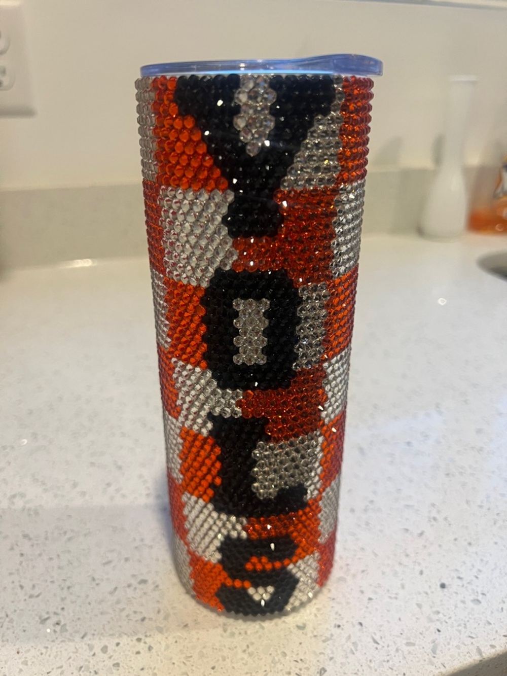 Rhinestone Bling Tumbler - Orange, Silver, Black
